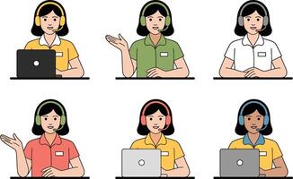 Diverse call center operators with headsets and laptops cartoon vector