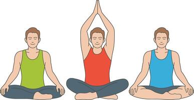 Men practicing yoga in lotus pose illustration with three variations vector