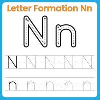 Letter N Formation Tracing Worksheet Uppercase and Lowercase Handwriting Practice vector