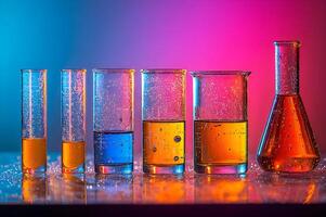 Laboratory glassware containing colorful liquids forming a gradient under vibrant lights photo
