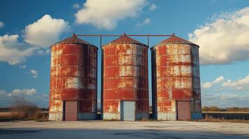 Three rusty grain silos standing on a farm under a blue sky photo