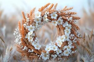 Wreath of wheat and flowers lying in a field of wheat photo