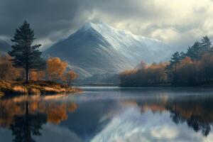 Beautiful mountain reflecting in a calm lake with autumn trees and a cloudy sky photo