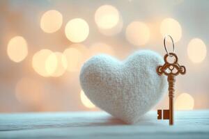 White knitted heart with golden key and bokeh lights representing love and valentine's day photo