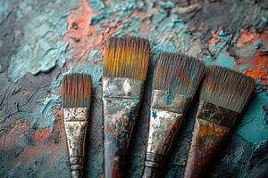 Row of paintbrushes lying on an artist's colorful palette photo