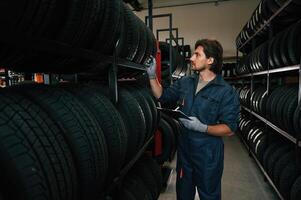 Work in progress, manager is in warehouse. Man is in the tire fitting car service photo