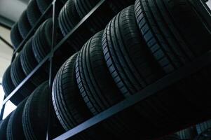 On the shelves. New,, tires ,are placed on the storage rack in the car workshop photo