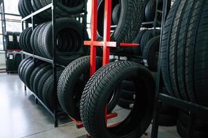 New tires ,are placed on the storage, rack in the car workshop photo