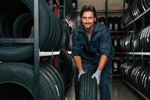 Positive facial expression., Man is in the tire fitting car service photo