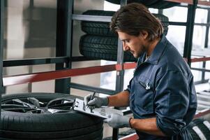 Work ,in ,,progress, manager is in warehouse. Man is in the tire fitting car service photo