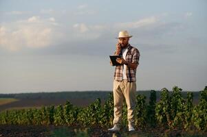 Having ,conversation by phone. Farmer is on the agricultural field photo