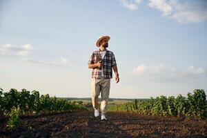 Front, view, walking forward. Farmer ,is, on the agricultural field, photo