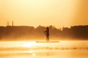 Illuminated by,, sunlight. Girl kid is on the sup board, on the lake photo