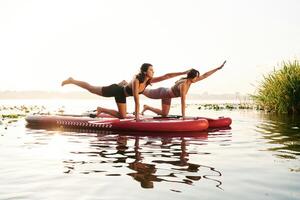 Doing yoga, exercises, asana. Women friends are on sup board on the lake together photo