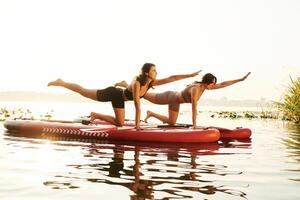 Doing ,yoga exercises, asana. Women friends are on sup board on the lake together photo