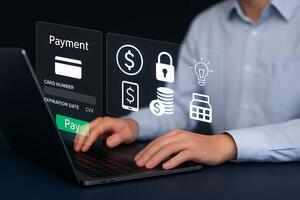 Secure Online Payment Interface with Holographic Digital Icons photo