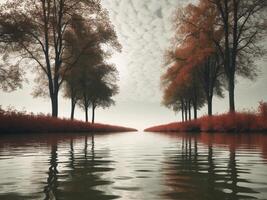 Tranquil Autumn River Landscape with Trees and Reflections on a Cloudy Day. photo