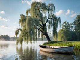 Serene Lake Scene with Willow Tree and Boat, Misty Morning Tranquility. photo