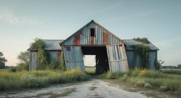 Abandoned Barn on a Rural Road, Overgrown with Vegetation, at the Edge of a Field. photo