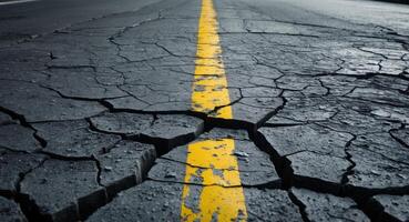 Cracked Asphalt Road with Yellow Line. A Symbol of Deterioration and Infrastructure Decay photo