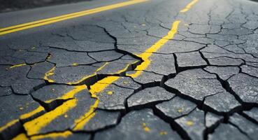 Cracked Pavement with Yellow Lines. A Road in Need of Repair and Reconstruction. photo