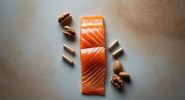 Salmon with nuts and walnuts on a gray background photo