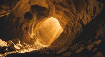 Golden Light Illuminating a Cave Entrance, Rocky Terrain, and Ancient Formations. photo