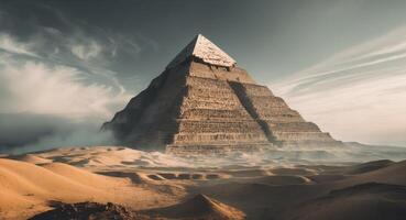 Majestic Pyramid in the Desert Sands, Wrapped in Mist and Mystery, Grandeur of Ancient Times. photo