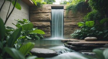 Serene Waterfall Retreat. A Natural Oasis of Calm and Tranquility with Lush Greenery. photo