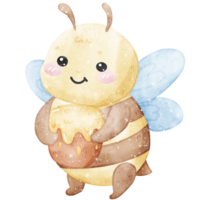 Cute bee smiling and holding honey jar in watercolor png