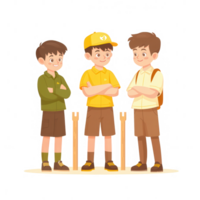 Three animated boys standing together with friendly expressions, dressed in casual summer attire, showcasing a fun and adventurous spirit. png