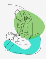 Minimalist one stroke line illustration depicts a spa therapist giving a massage to a client, complemented by calming green and blue abstract shapes. vector