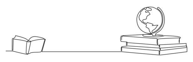 A minimalist one-line drawing of an open book, stacked books, and a globe, symbolizing global literacy and education. vector