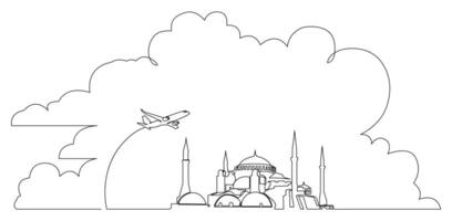 Minimalist single line drawing of Istanbul skyline featuring Hagia Sophia, tall minarets, airplanes, and cloud shapes vector