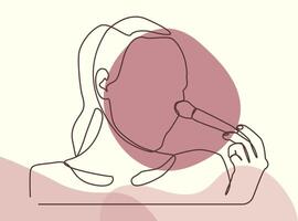 Minimalist single line illustration depicts a woman applying makeup using a makeup brush. Combining soft color elements, elegant, feminine, and modern nuances. vector