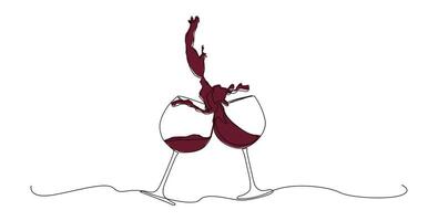 Elegant one line drawing of two wine glasses clinking with dramatic splash effect. Perfect for celebration themes, romantic occasions etc. vector
