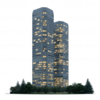 Modern skyscrapers illuminated at night with surrounding trees, creating a striking urban landscape. png