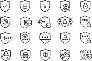 Thin line icon set of cyber security internet data protection shield privacy authentication safety encryption. Pixel perfect icons, editable stroke. vector