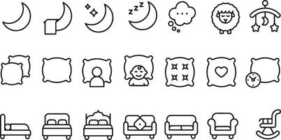 Thin line icon set of sleep dream edtime night pillow relaxation rest. Symbol collection. Pixel perfect icons, editable stroke. vector