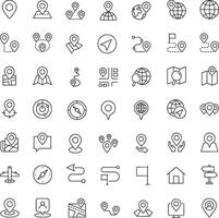Icon set of location navigation route geography map diretion position destination . Editable stroke. Thin line icons illustrations. vector