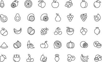 Pixel perfet icon set of various foods fruits vegetables. Thin line illustrations. vector