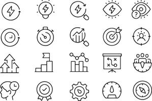 Thin line icon set of performance innovation efficiency progress development success solution planning metrics achievement business management leadership. Pixel perfect icons, editable stroke vector