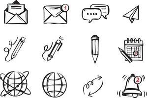 Hand-drawn icon set of message writing, sending, receiving, and preparation. Incoming message. Sent message. Social media application icons. vector