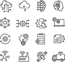 Thin line icon set of industry 4.0 technology automation, iot, internet of things, smart factory, cloud computing, artificial intelligence, machine learning. Pixel perfect icons, editable stroke vector