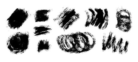 Black grunge charcoal strokes, lines, squiggles, swirls and shapes set. hand drawn abstract shapes and lines drawn with pencil or charcoal. Circles, scribbles and smears on white background vector
