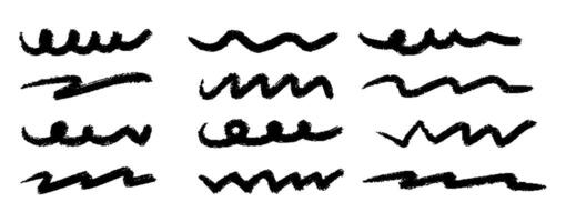 Chalk lines, pencil underlines, crayon strokes by pen, squiggly marker lines, brush scribbles. black charcoal hand drawn sketch elements. vector