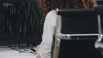 uma mulher é trabalhando em uma computador com uma código em a tela video