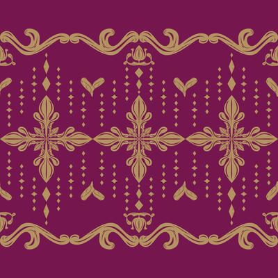 Elaborate Geometric Baroque Scroll Ornament With Gold Filigree Hand drawn on Burgundy Background. Golden Silk Byzantine Florals Illustration Striped Border Luxury Design for Interior Embroidery Silk