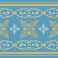 Beautifully Golden Floral and Silver Tone n Royal Blue Background Pattern. Fine Art Scroll Ornament Striped Border with Intricate Hand Drawn Design for all rich and detailed of opulence expression vector