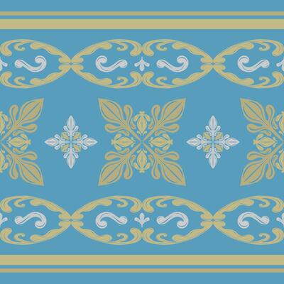 Beautifully Golden Floral and Silver Tone n Royal Blue Background Pattern. Fine Art Scroll Ornament Striped Border with Intricate Hand Drawn Design for all rich and detailed of opulence expression